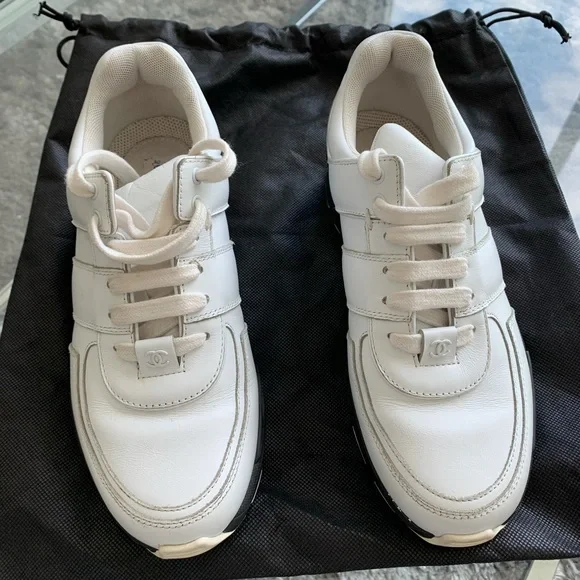 Chanel Black White Tweed Leather Lace Up Sport Runner Trainers Sneakers - Picture 1 of 6